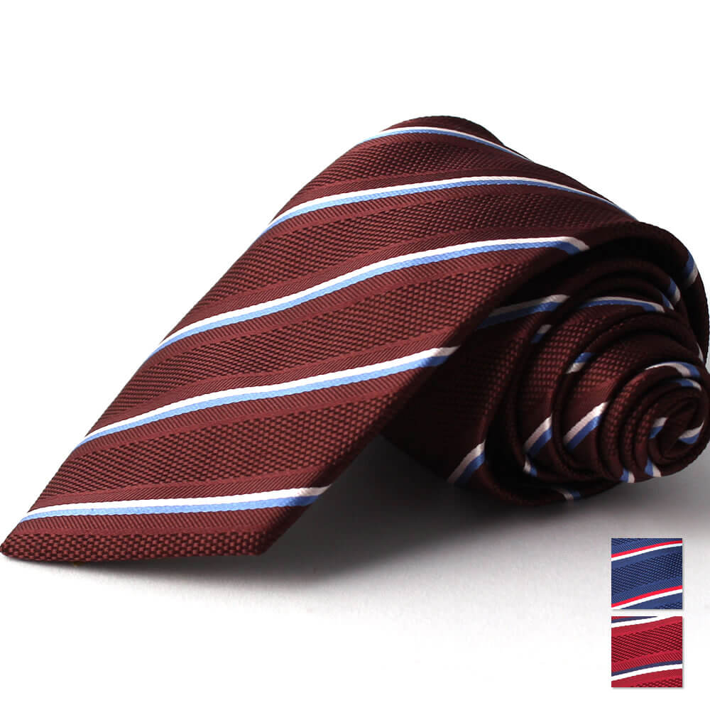 シルク混ネクタイ　ツイル　ストライプ　ブラウン×白×水色