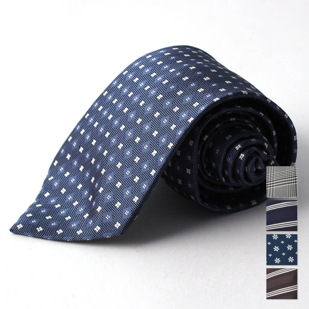 シルク混ネクタイ　ブルー　小紋柄